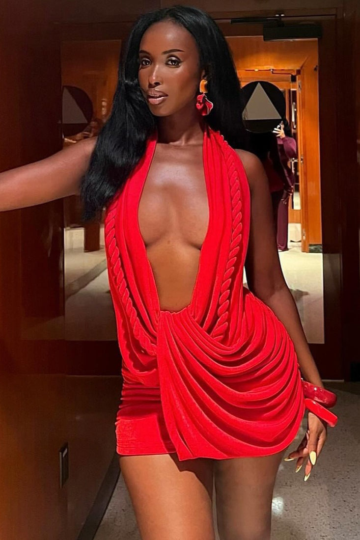 Ruched Halter Deep V Backless Bodycon Mini Dresses