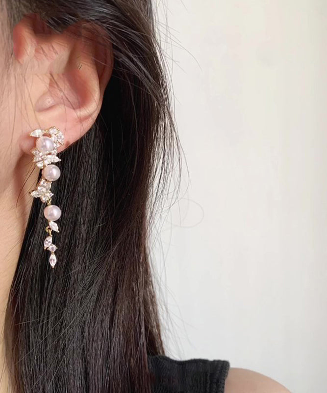 Gold Copper Overgild Pearl Butterfly Tassel Drop Earrings