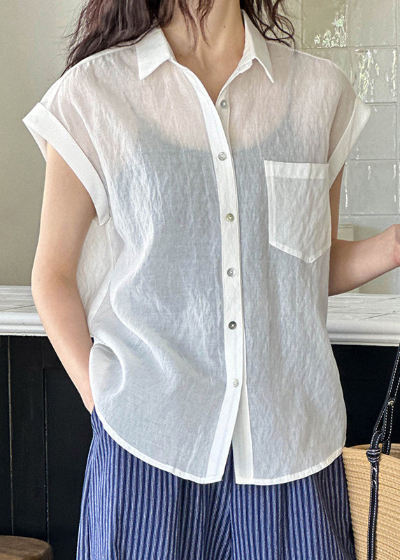 White Pockets Silk Cotton Blouses Peter Pan Collar Short Sleeve Af1003