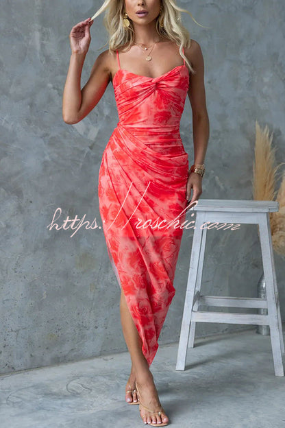 Saloni Mesh Print Twist Ruched Detail Irregular Hem Stretch Maxi Dress