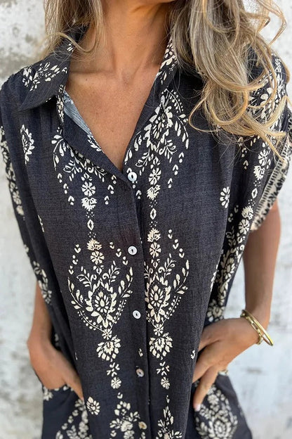 Linen Blend Unique Print Lapel Pocket Mini Dress