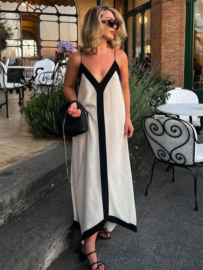 V Neck Backless Maxi Dresses for Color Block Slim Sundress Femme Street Party Temperament Dress Woman