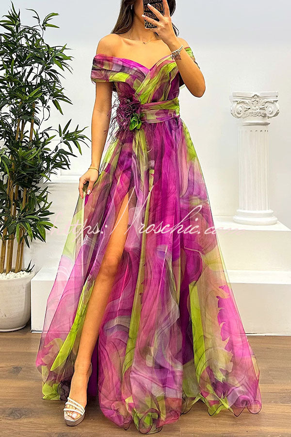 Jinnie Tulle Feather Pendant Pleated Off Shoulder Slit Maxi Dress