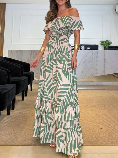 Loose Short Sleeves Elasticity Falbala Leaf Printed Off-the-shoulder Maxi Dresses