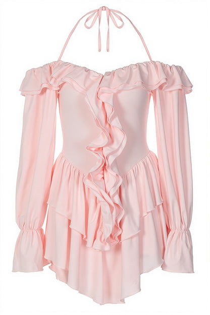 Halter Neck Lace Up Ruffle Hem Romper