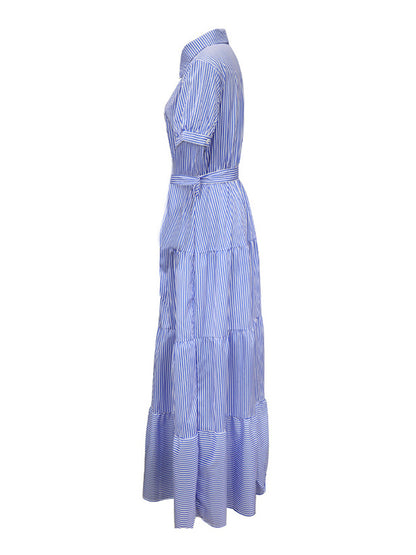 Loose Short Sleeves Striped Lapel Maxi Dresses