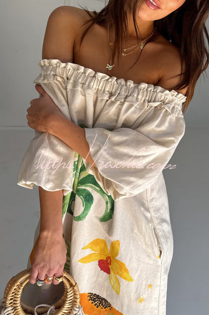 Sunveil Linen Blend Unique Print Puff Sleeve Pocket Strapless Maxi Dress