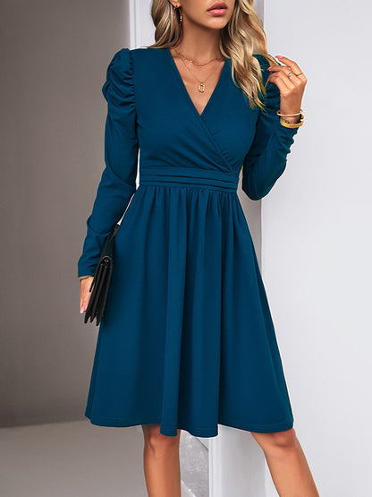 Puff Sleeves Skinny Pleated Color Split-joint V-neck Midi Dresses