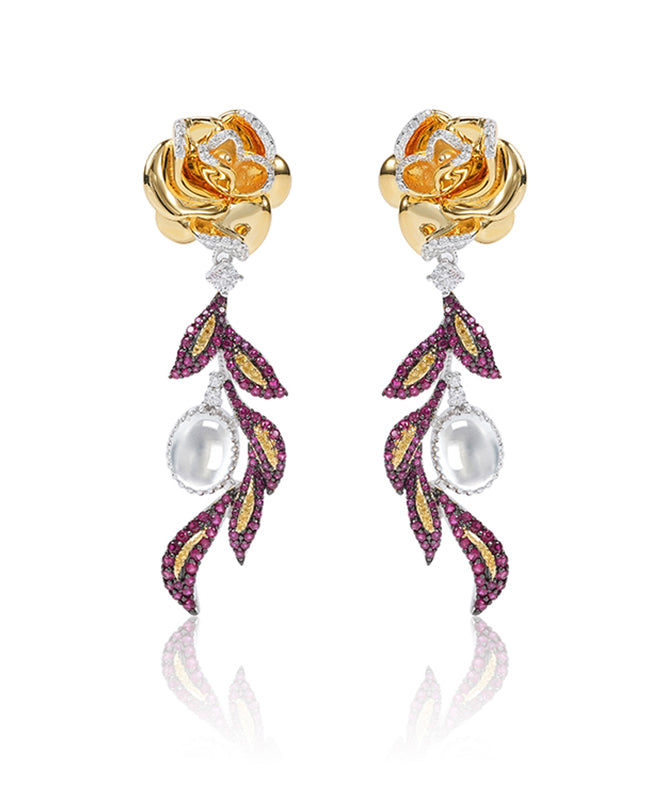Colorblock Sterling Silver Overgild Zircon Jade Drop Earrings