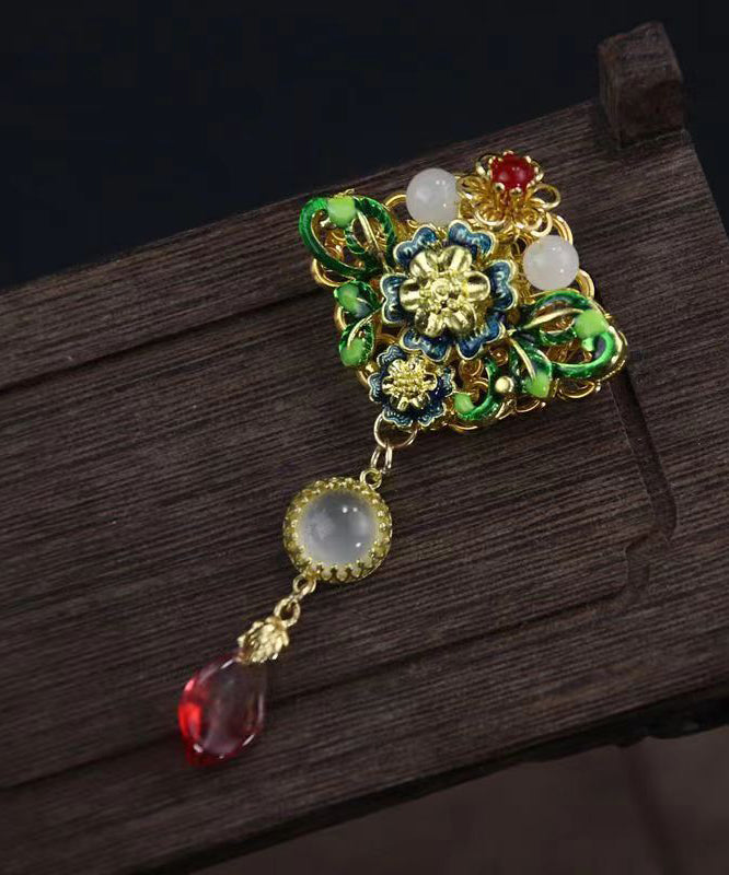 Green Alloy Cloisonne Gem Stone Brooches
