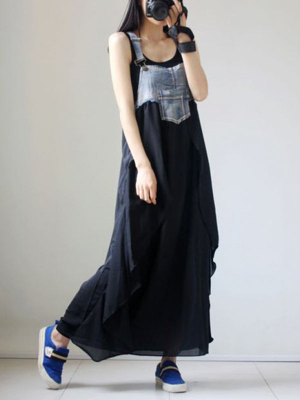 Irregularity Loose Falbala Split-joint Spaghetti-neck Maxi Dresses