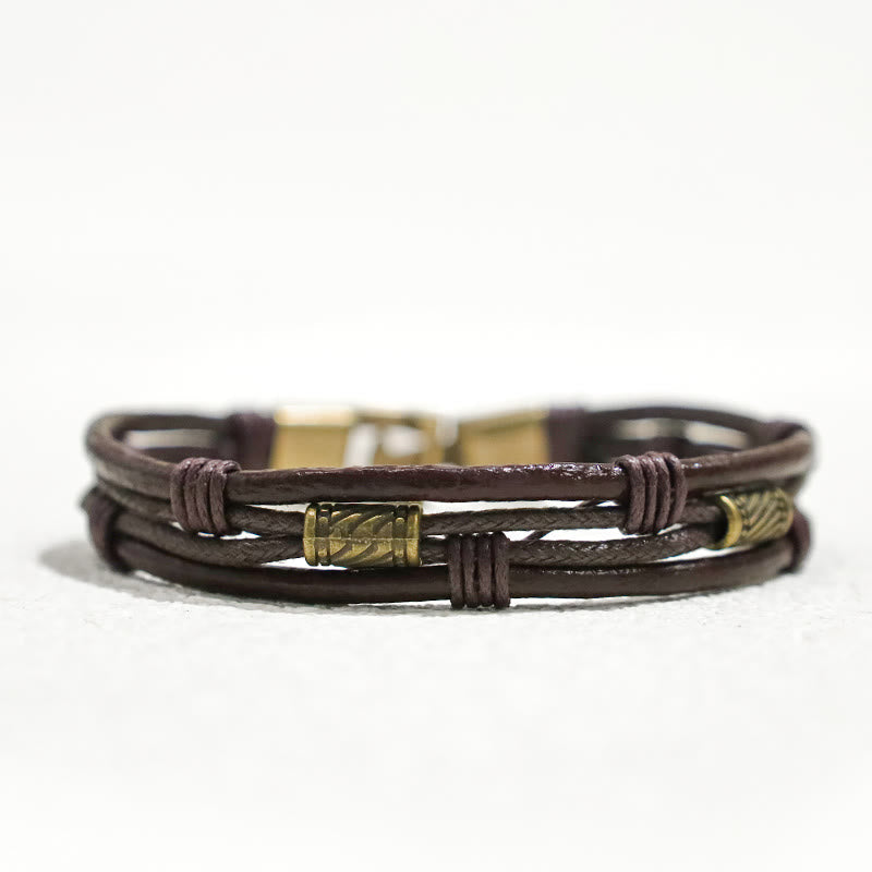 Buddha Stones Leather Wrist Band Brown Rope Layered Bracelet Bangle