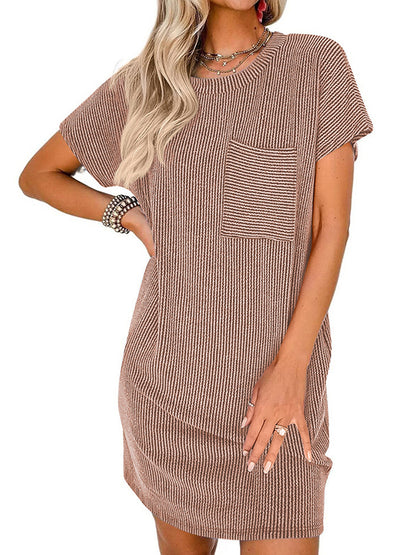 A-line Loose Contrast Color Pockets Split-joint Striped Round-neck Mini Dresses