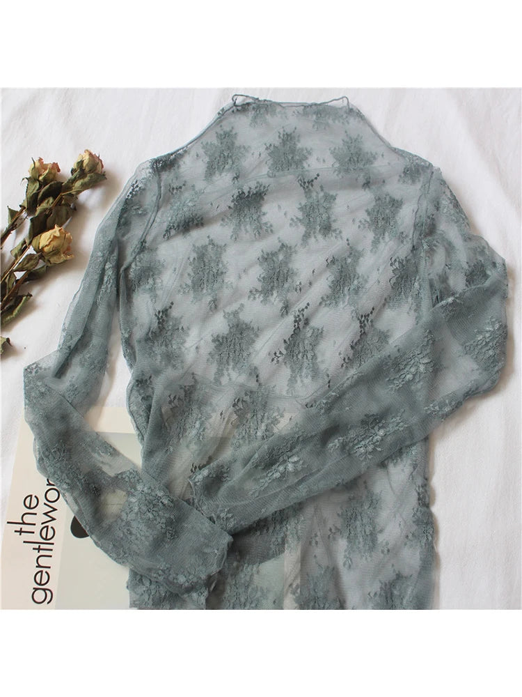 Summer Lace Embroidery Blouses Shirt Tops Mesh Blouses Transparent See-through Black Shirt