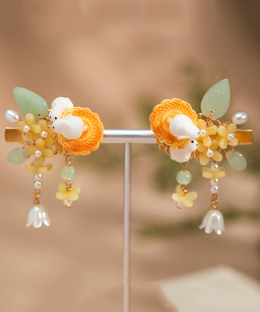 Stylish Yellow Copper Alloy Pearl Resin Tassel Kids a Pair Hairpin