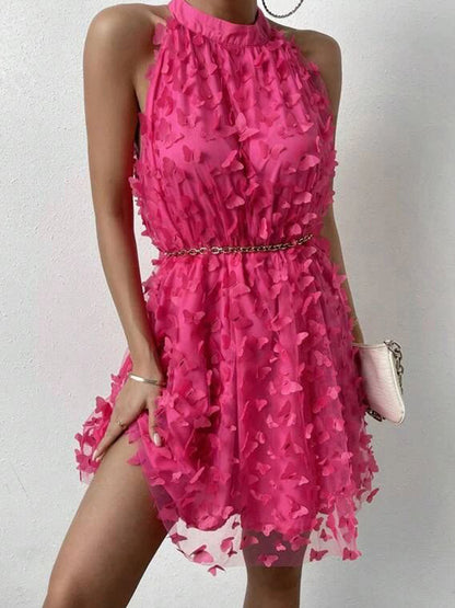 Loose Sleeveless Jacquard Pleated Color Split-joint Stand Collar Mini Dresses