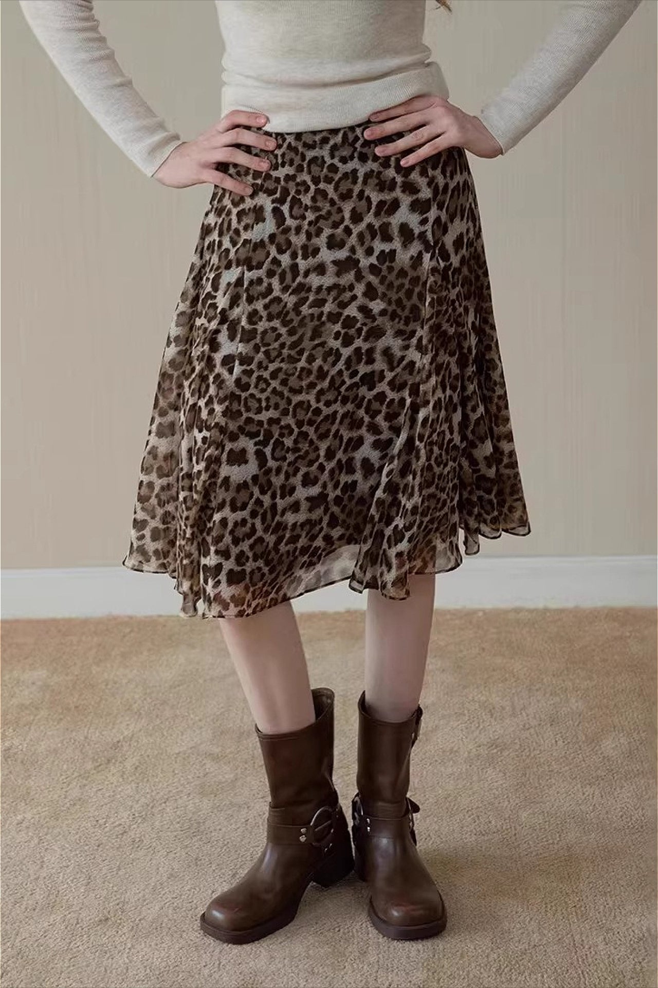 Leopard Draped Ruffled a Line Midi Skirt