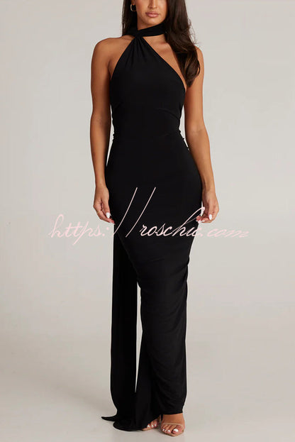 Backless Pleated Slim Color Sleeveless Maxi Dress
