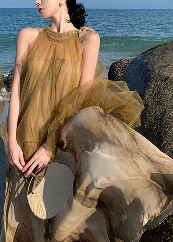 Holiday Style Tie Dyed Mesh Patchwork Fake Two Chiffon Long Dresses Tt1029