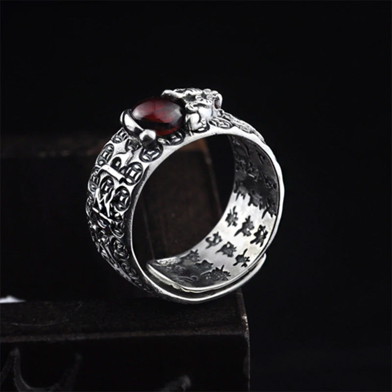 Buddha Stones Fengshui Pixiu Red Garnet Wealth Ring