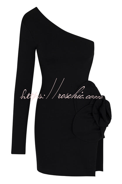 Ella 3d Flower Details Cutout Waist One Shoulder Stretch Mini Dress