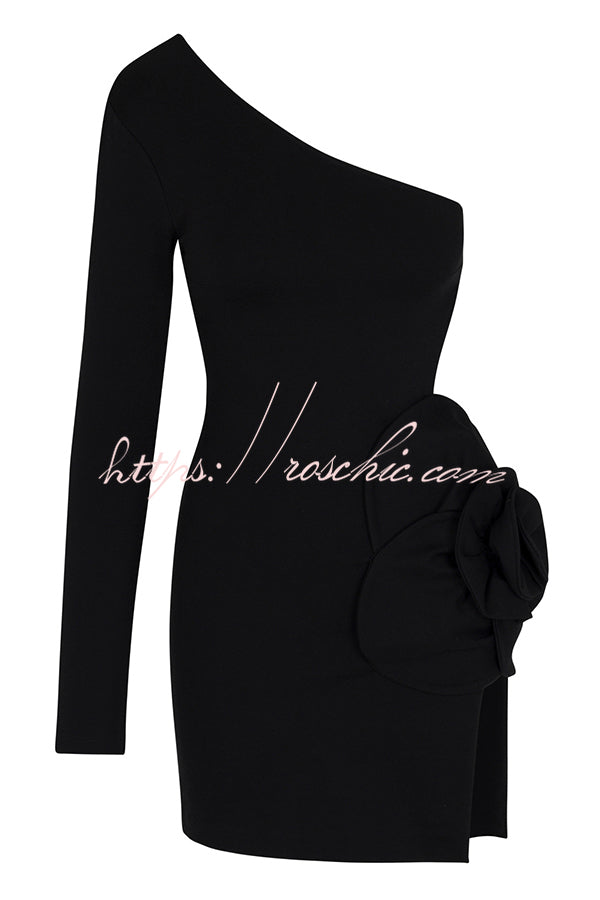 Ella 3d Flower Details Cutout Waist One Shoulder Stretch Mini Dress