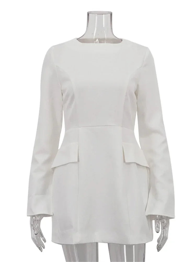 Female White Dress Patchwork Long Sleeve Commute Clothes Dress for Zipper Autumn Mini Dress New