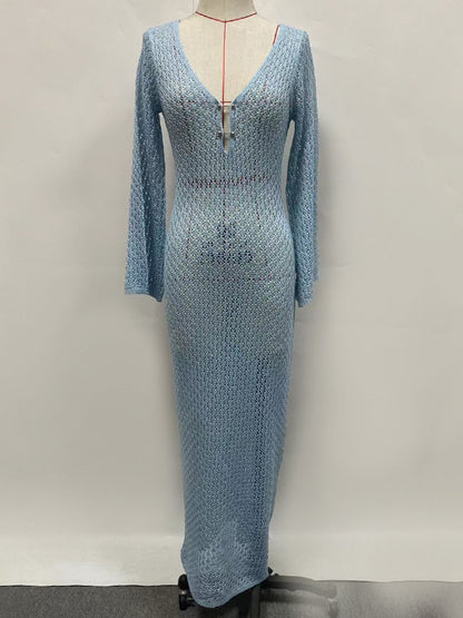 Hollow See-through Smocked Color Sun Protection Deep V-neck Beach Cover-up Maxi Dresses