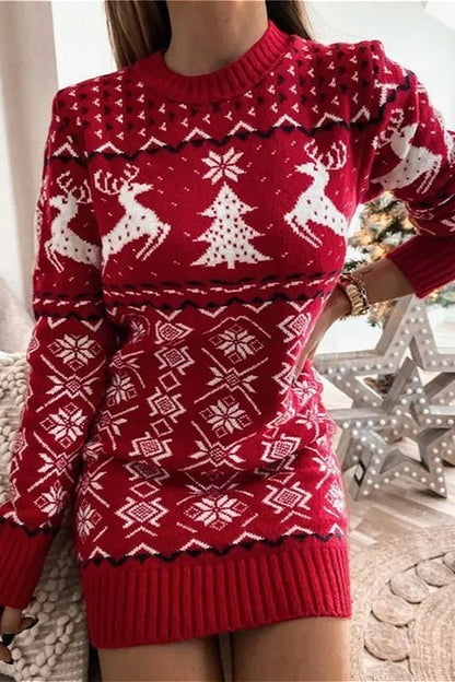 Knit Christmas Reindeer Color Block Fitted Mini Dresses