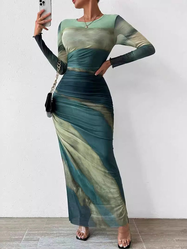 Bodycon Long Sleeves Gauze Gradient Pleated Printed See-through Round-neck Maxi Dresses