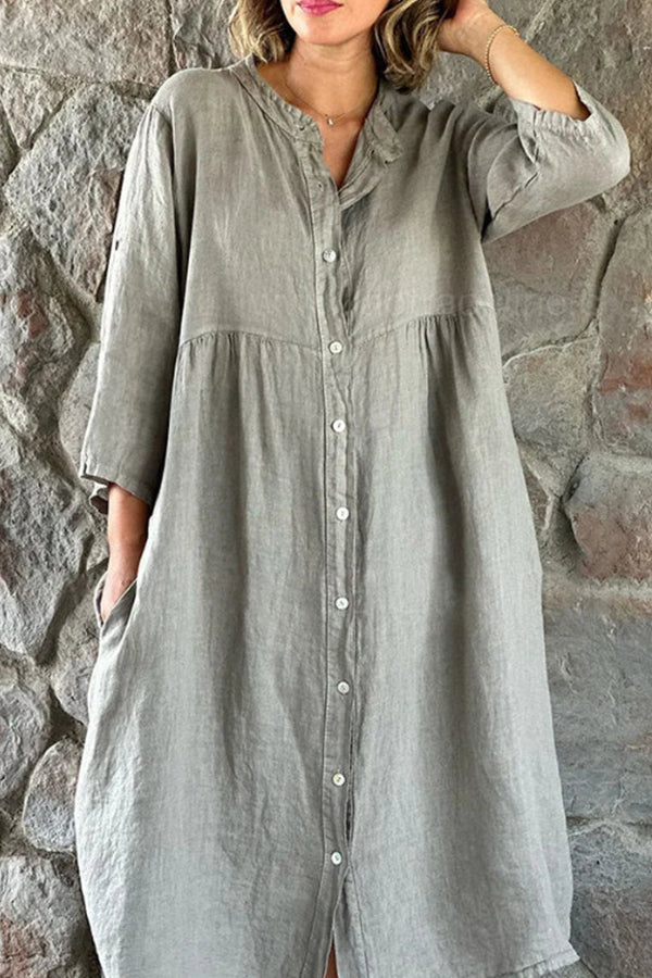 Cotton Linen Color Stand Collar Button Long Dress