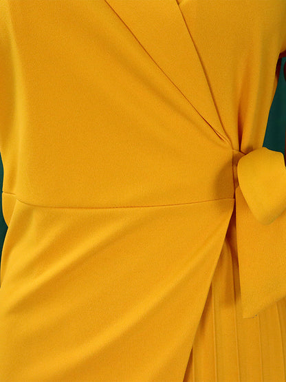 Three-quarter Sleeves Pleated Color Split-front Tied Waist V-neck Mini Dresses