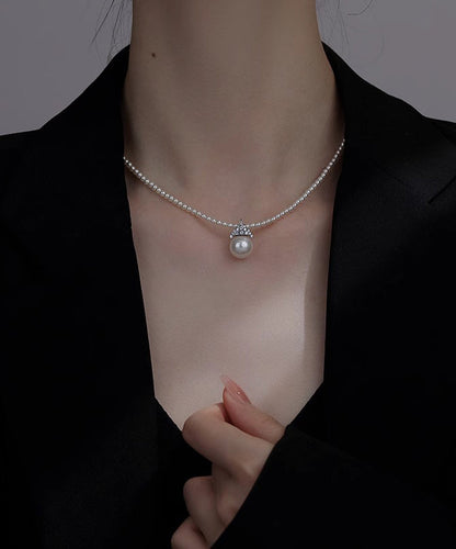 White Alloy Zircon Pearl Pendant Necklace