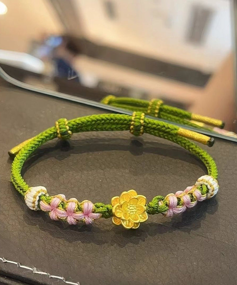 Green Handmade Weaving Peach Blossom Lotus Charm Bracelet