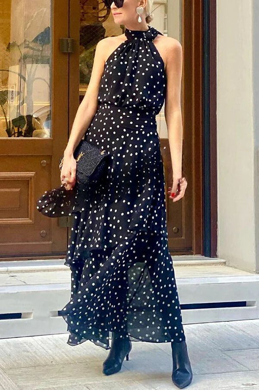 Cabana Date Polka Dot Print Halter Bow Neck Tiered Maxi Dress
