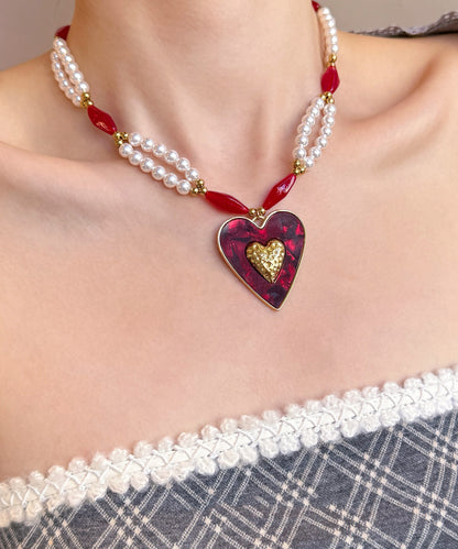 Colorblock Alloy Pearl Love Glass Bead Pendant Necklace
