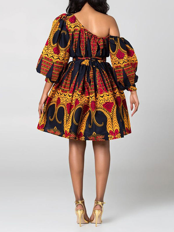 High Waisted Loose Elasticity Printed Tied Waist One-shoulder Mini Dresses