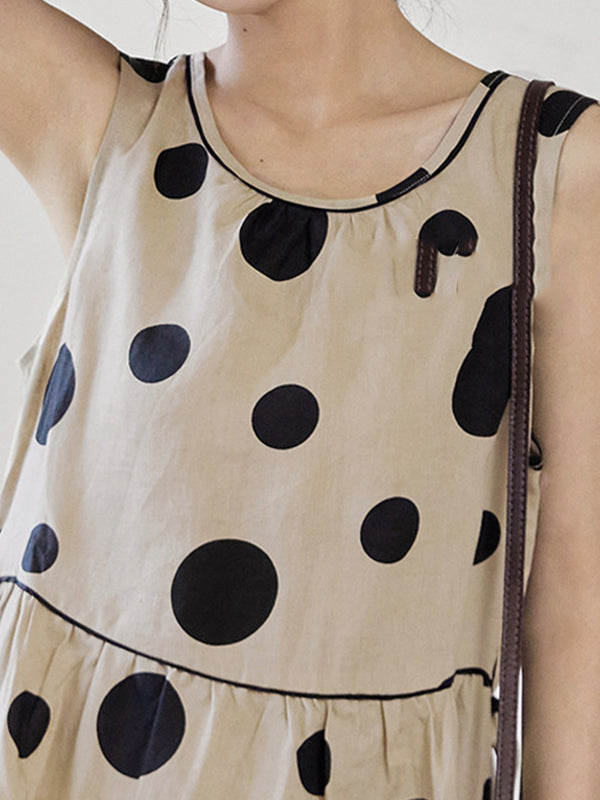 Loose Sleeveless Contrast Color Pleated Polka-dot Split-joint Tied Waist Round-neck Midi Dresses