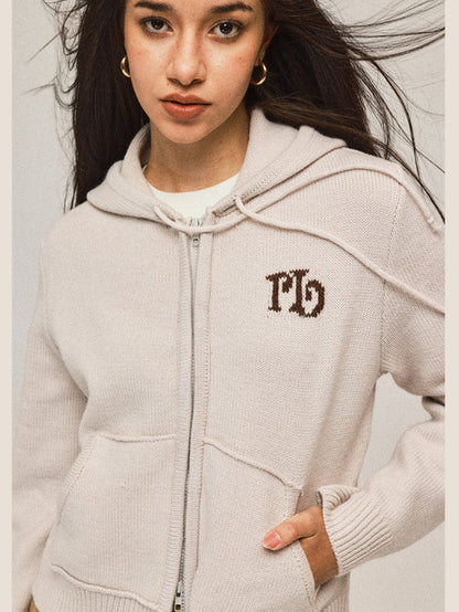 Short Hooded Knit Cardigan