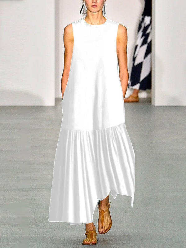 A-line Loose Color Split-joint Round-neck Maxi Dresses