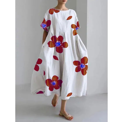 Summer New Color Flower Print Midi Dresses Folds Loose Short Sleeves Dress Lady Commuting Clothing Vestidos