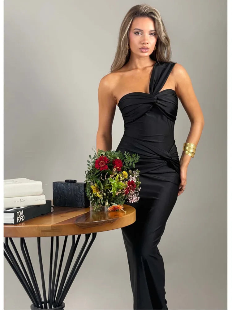 Sleeveless Single Shoulder Strap Zipper Evening Dress Pleated Slim Maxi Dress Female Party Club Vestidos