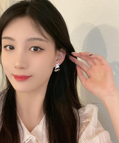 Diy Rainbow Acrylic Pearl Little Rabbit Stud Earrings