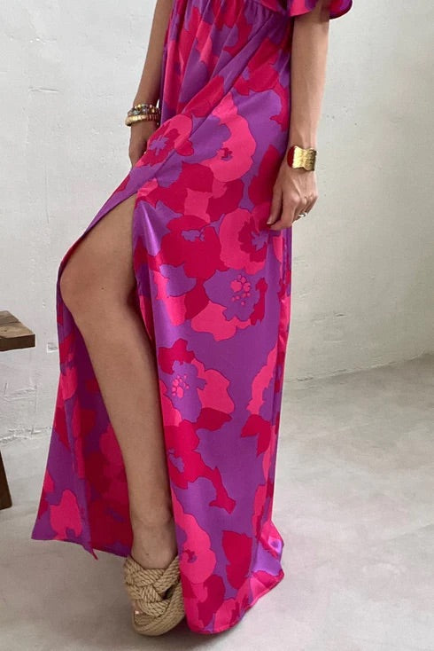 Rose Abstract Print V Neck Dolman Maxi Dress