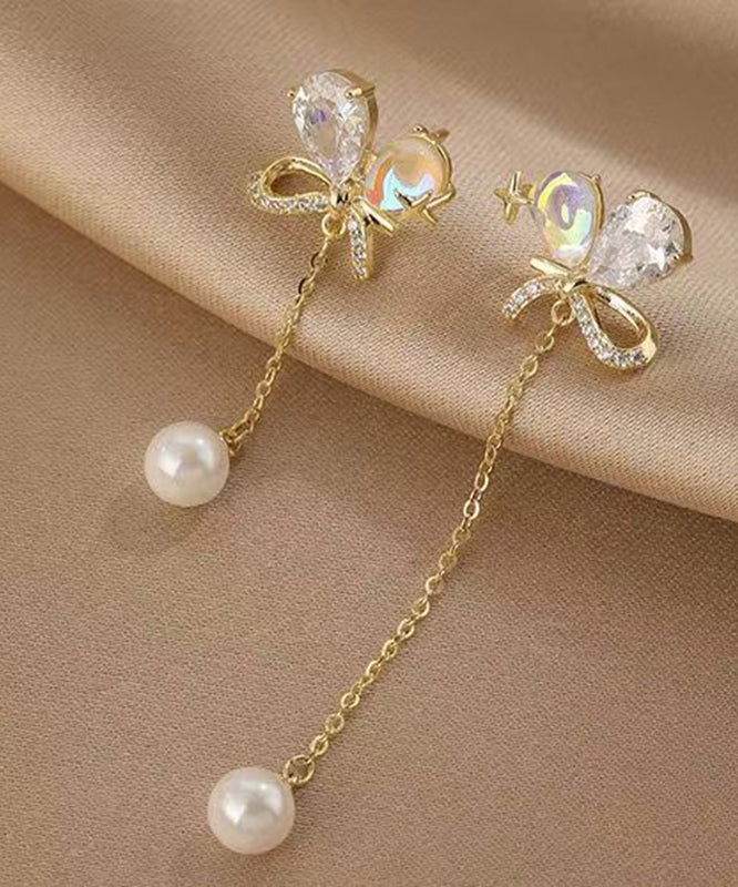 Gold Copper Overgild Asymmetrical Pearl Butterfly Tassel Drop Earrings