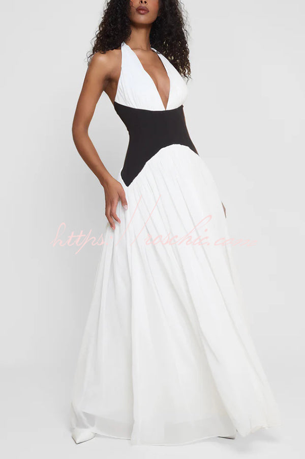 Fashionable Color Matching Halter Neck Waist Maxi Dress