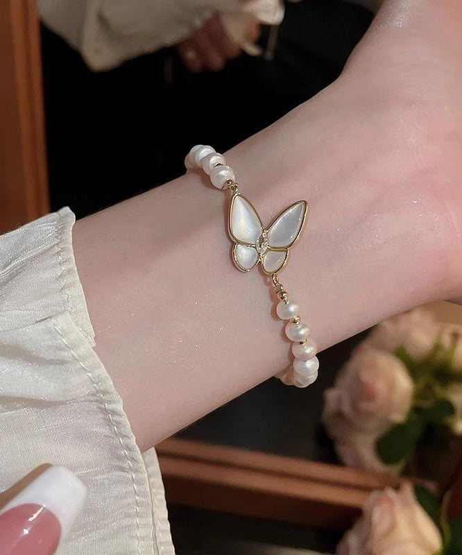 White Copper Alloy Butterfly Pearl Charm Bracelet