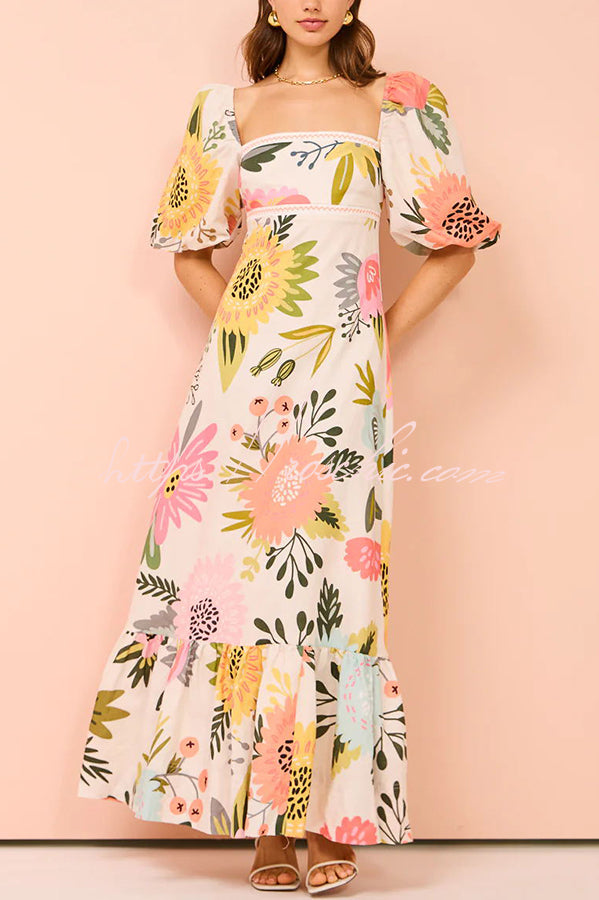 Looking for Sunshine Print Square Neck Bubble Sleeve Maxi Dress