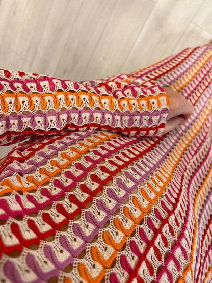 V Neck Bell Sleeve Wavy Striped Crochet Beach Vacation Maxi Dress - Red