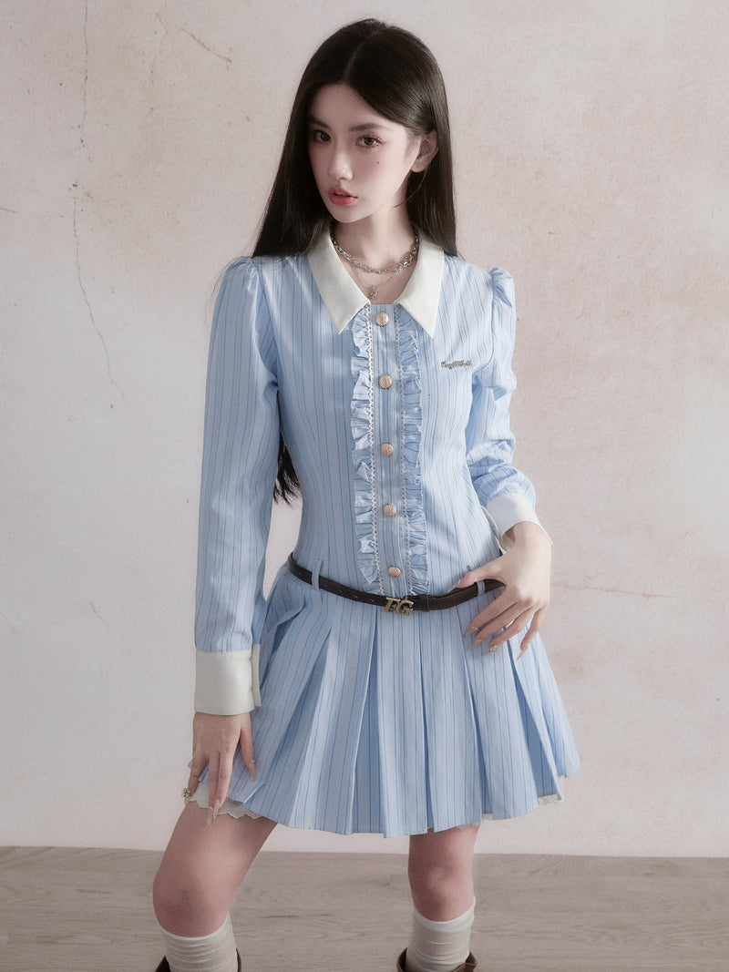 -inspired Ruffled Chambray Mini Dress With Belt